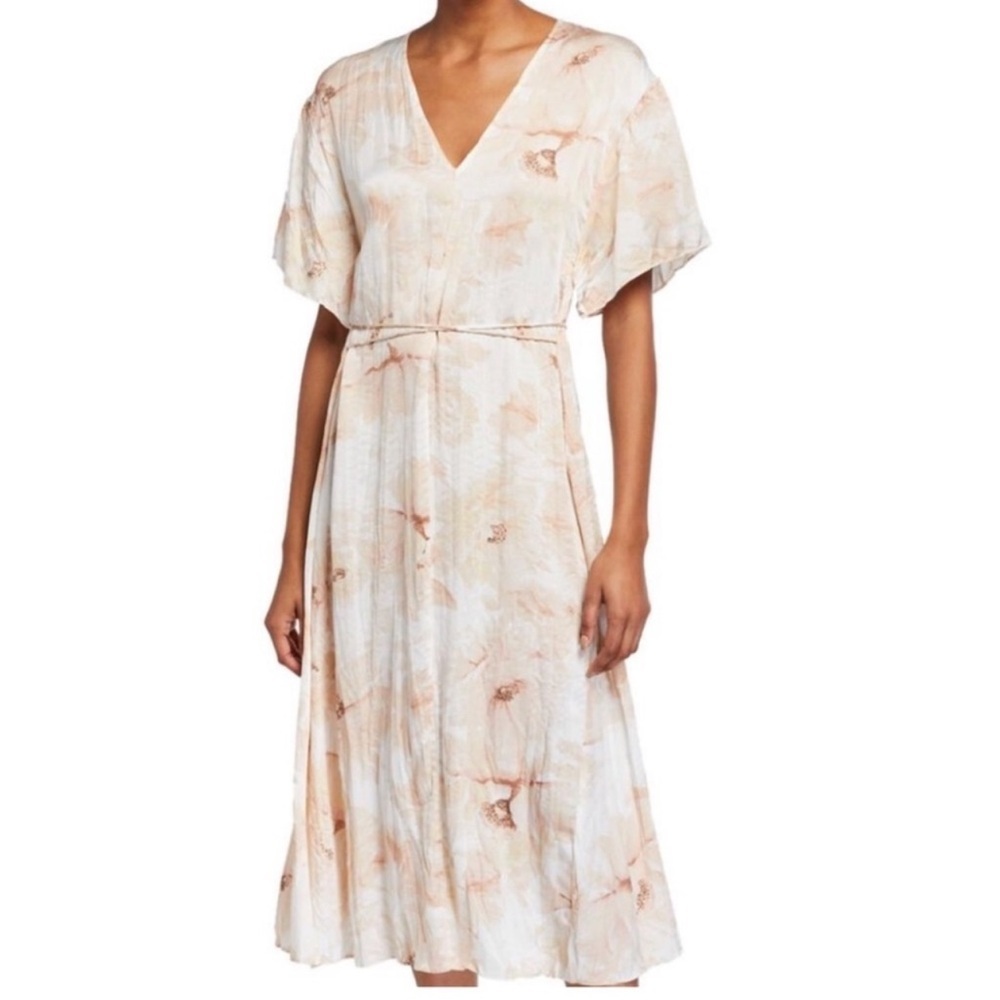 Vince Painted Magnolia Tie Waist Midi Dress In Cream and Peach Size L